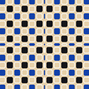 Bold seamless checker pattern of rounded squares in cobalt, black, cream and sand.
