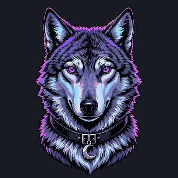 Mystic wolf head portrait with glowing purple eyes and crescent moon leather collar illustration for gaming mascot logo, biker apparel and streetwear t-shirt design