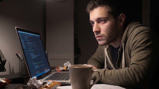 A Young Software Developer Focuses Deeply on Computer Programming Code Late at Night, Illuminated by the Glow of a Laptop Screen While Working from Home