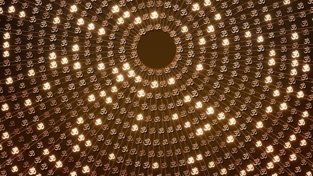 The luminous field of Aum icons forms a cosmic mandala tunnel, blending devotion with immersive geometry. Perfect for devotional programs, holistic therapy, spiritual music, festivals, and sacred art.