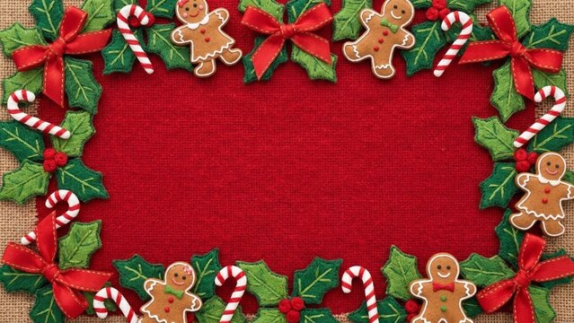 Christmas border with holly leaves, gingerbread men, and candy canes on red fabric