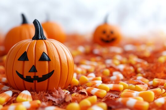 Halloween Pumpkin With Candy Corn On Autumn Leaves