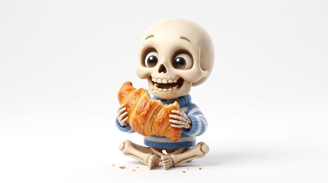 Cute 3D cartoon skeleton sitting and holding a croissant pastry, funny Halloween concept for bakery and coffee shop, isolated on white background