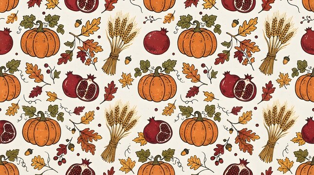Seamless pattern for thanksgiving with handdrawn pumpkins, pomegranates, wheat sheaves, and autumn leaves on a light background