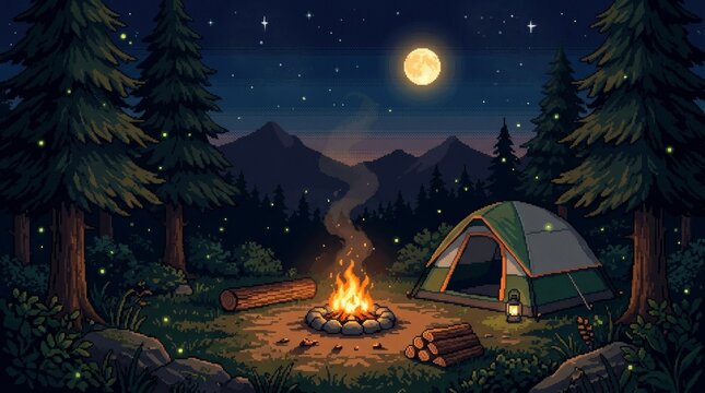 Pixel art night campsite, glowing dome tent and campfire by calm lake under full moon. Pine forest wilderness, retro game style outdoor adventure scene.
