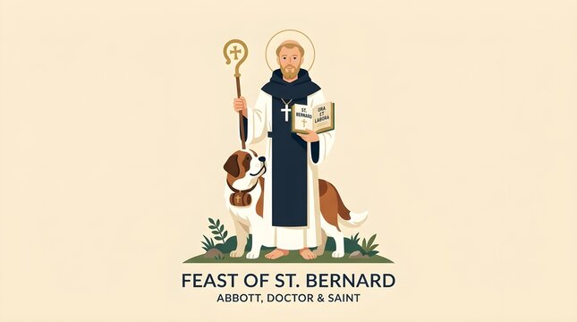 Feast Day of St Bernard of Clairvaux Vector Illustration with Monk Holding Crux Regula Book, Crosier Staff, Abbey Monastery, and St Bernard Dog