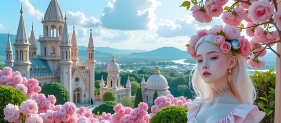 Fototapeta premium Fantasy-inspired castle scene with fairy-tale princess, vibrant pink blossoms, and a peaceful landscape with a lake and mountains in the background