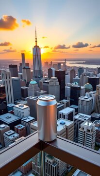 Modern beverage can placed on rooftop edge overlooking city skyline at sunset, surrounded by skyscrapers, offering panoramic view of cityscape and vibrant sky