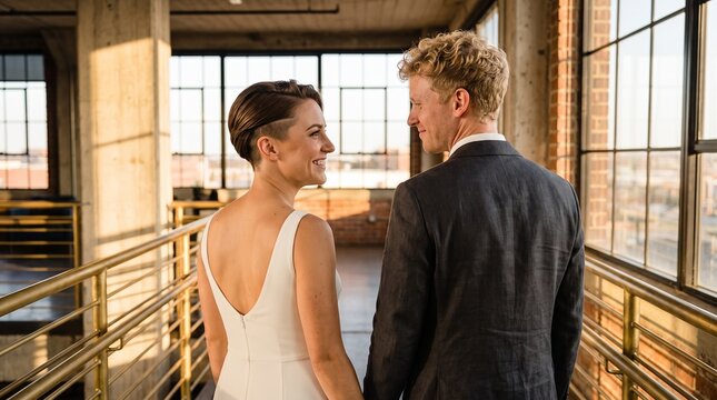 Modern bride and groom holding hands and smiling in industrial loft wedding venue.