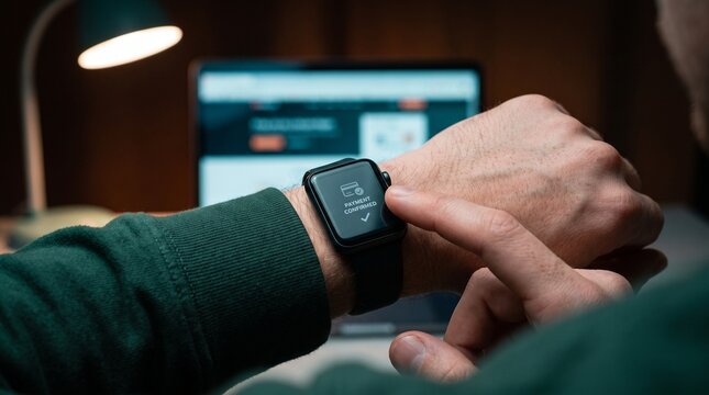 Man confirming digital payment on smartwatch in front of laptop