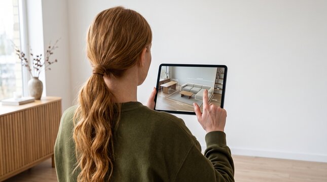 Woman using interior design app on digital tablet to plan modern room layout.