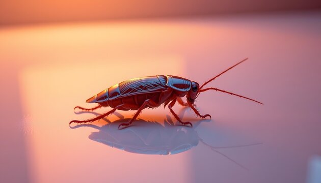 Close-up of a cockroach insect with detailed body and antennae on a reflective surface with vibrant pink and purple background lighting