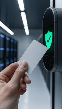 Hand using key card for secure server room access with digital verification icon.