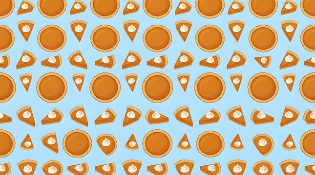 Seamless pattern with pumpkin pie slices and whole pies on a light blue background