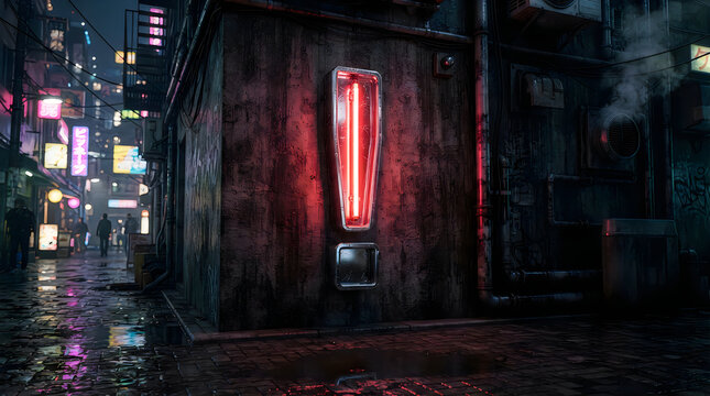 Bright red neon exclamation mark sign glowing on a dark urban city wall at night