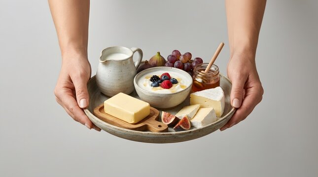 Hands holding a breakfast platter with yogurt fruit butter and cheese.