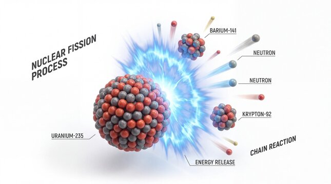 Nuclear fission process illustrates the splitting of an atom to release energy in a scientific chain reaction.