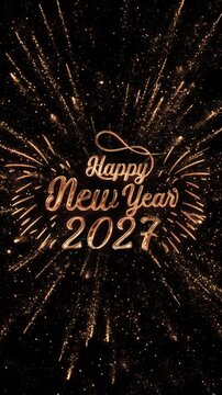 Gold Happy New Year 2027 typography fills the frame as radiant glitter trails explode on black. Perfect for countdown finales, celebration screens, party promos, social posts, and festive 4K openings.