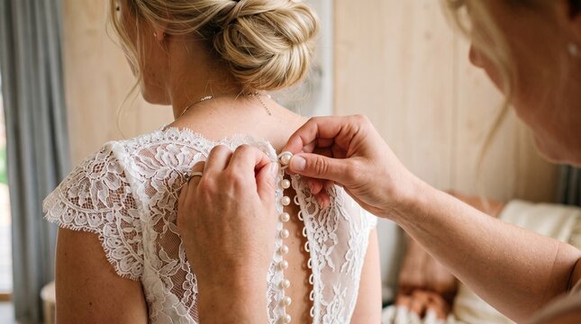 Mother helping bride button back of white lace dress before wedding ceremony.