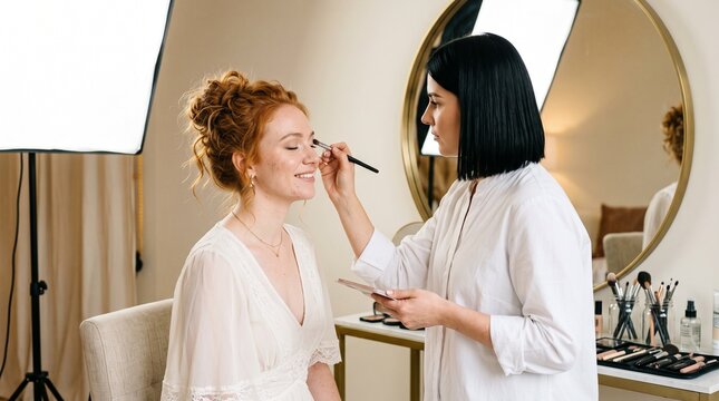 Professional makeup artist applying makeup to a smiling redhead woman in studio.