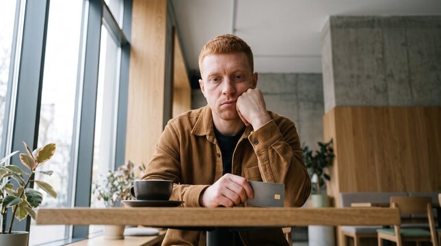Frustrated young man holding credit card at cafe table.