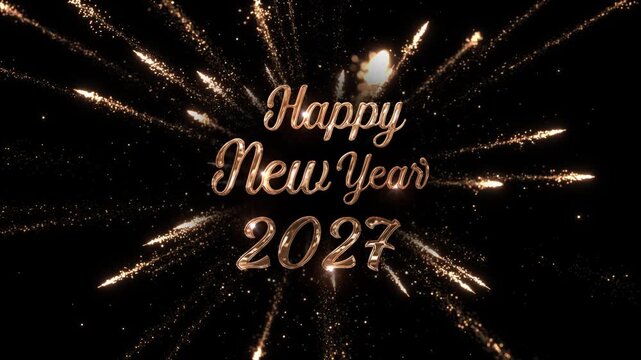 Cinematic 2027 greeting glows in bronze as radial fireworks streak behind the elegant text. Perfect for television, concerts, award ceremonies, corporate parties, advertisements, and festive 4K shows.