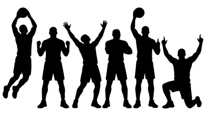Fototapeta premium Basketball Team Silhouettes Celebrating Victory with Dynamic Poses and Basketballs - Sports Illustration Vector Art