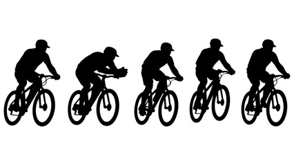 Fototapeta premium Silhouette Sequence of Cyclist Riding Mountain Bike in Motion - Dynamic Action Stencil Vector Art