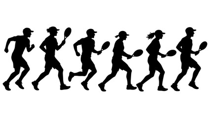 Obraz premium Set of Silhouette Athletes Running with Tennis Rackets - Dynamic Sports Motion Sequence Illustration Vector Art