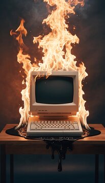 Vintage computer burning on a desk with flames and melting plastic components