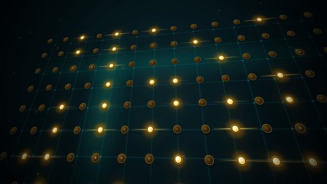Sleek low angle perspective view of glowing golden yellow LED light nodes flashing across a dark blue digital grid matrix, creating an abstract futuristic technology and big data background.