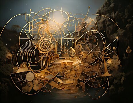 Abstract golden clockwork machinery with intricate lines and light.