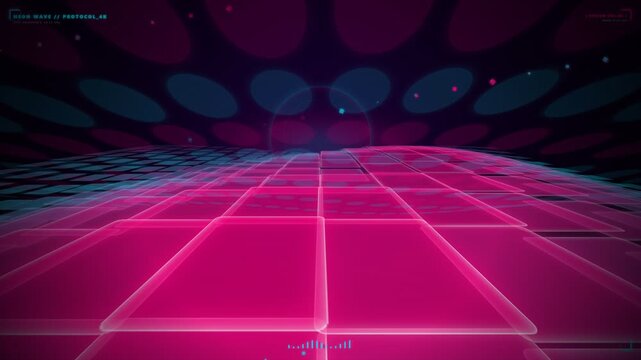 Glowing 80s synthwave neon grid landscape moving forward into sunset horizon with retro HUD digital overlay elements in low angle perspective view for futuristic cyberpunk background animation