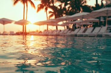 Fototapeta premium Swimming pool water surface with sunset reflections and palm trees