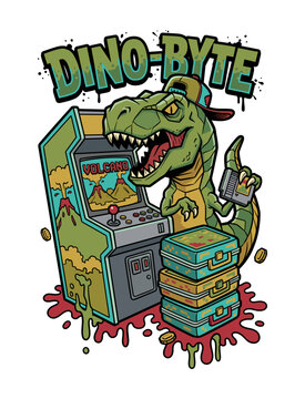 Retro arcade gamer dinosaur character apparel illustration