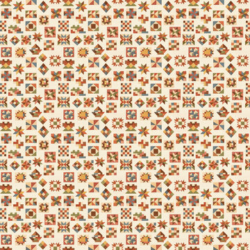 Traditional Folk Quilt Blocks Seamless Pattern with Handcrafted Geometry