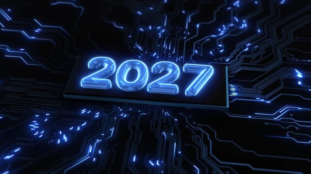 Neon 2027 digits illuminate a chip amid flowing blue circuitry and data routes. Perfect for 19 forecasts, AI conferences, startup launches, cyber presentations, future reports, and countdowns.