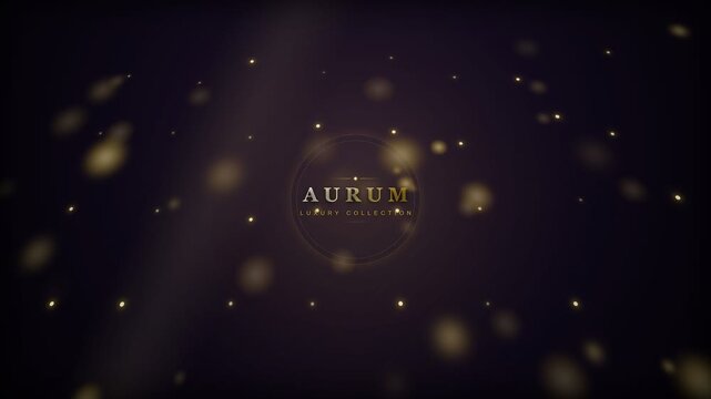 Elegant gold particles drifting gracefully across dark background around central luxury emblem badge title reveal graphic, cinematic macro shot creating sophisticated premium VIP award mood.