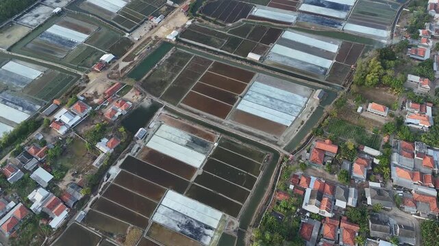 Aerial high angle view of traditional salt fields surrounded by residential village houses