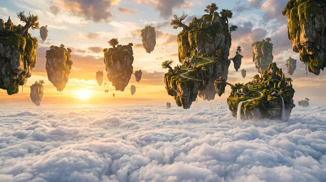 Surreal majestic landscape of floating rocks in the sky over thick clouds during golden sunrise
