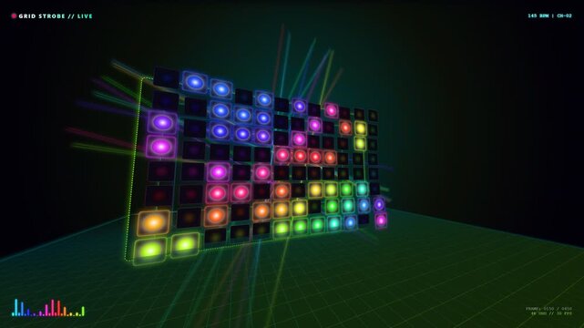 Dynamic 3D perspective shot of glowing neon LED launchpad grid lights pulsing with music beat visualizer, synthwave laser beams, futuristic DJ music background loop for concerts and events