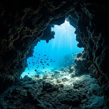 A breathtaking underwater view looking out from inside a dark rocky sea cave into the bright sunlit tropical blue ocean with a school of fish swimming past the light rays.
