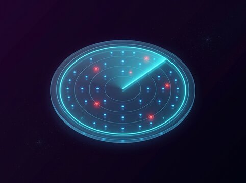 Futuristic digital radar screen with glowing blue interface. Circular sonar display with target tracking dots. High-tech navigation HUD.