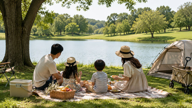 Happy family enjoying a picnic and camping at the lakeshore