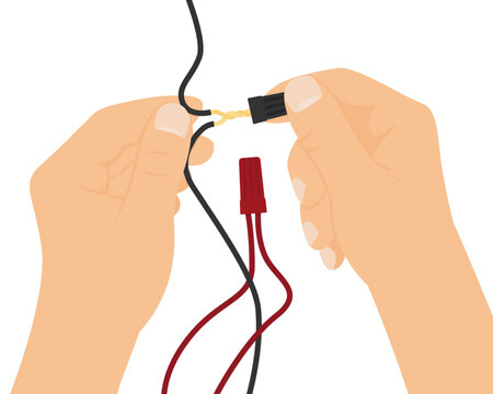 Hands Connecting Twisted Electrical Wires with Wire Nut Connector. Vector graphic for DIY electronics tutorials, electrical wiring guides, home repair articles, and engineering educational materials