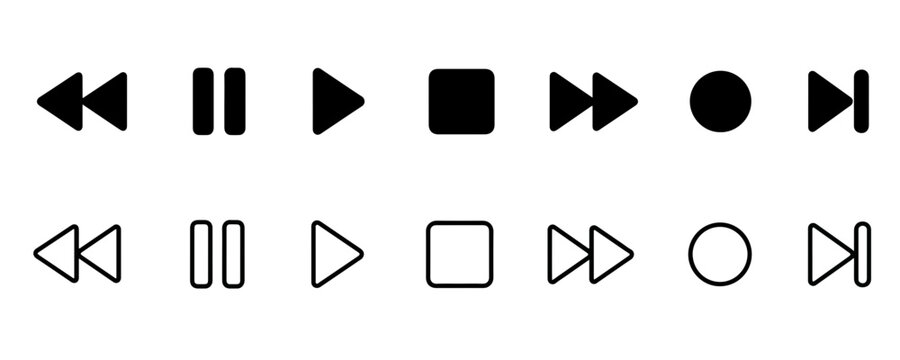 Set of media player control icons including play, pause, stop, rewind, fast forward, record, and skip in solid and outline styles, Vector illustration collection of audio and video playback buttons 