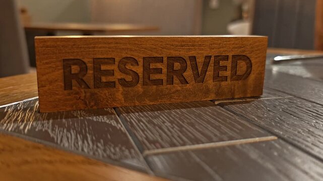 Wooden RESERVED sign placed on set table in restaurant, dining reservation concept, hospitality service, upscale eatery setting, table booking