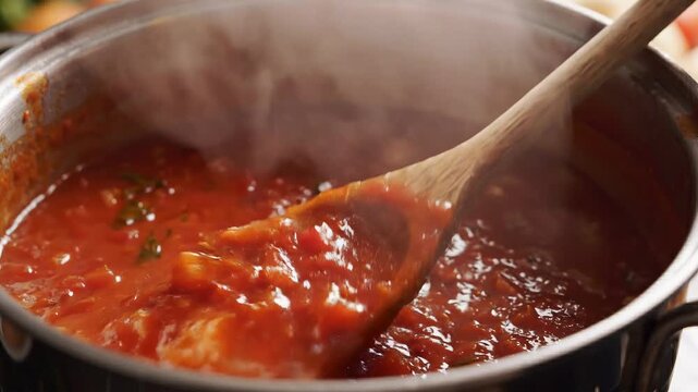 Wooden spoon stirring steaming hot tomato sauce simmering in a metal cooking pot