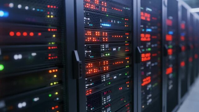Server racks with blinking lights in a data center with cinematic motion and a subtle camera pan