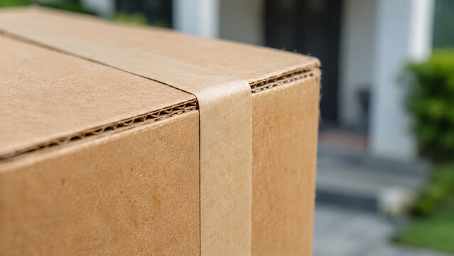 Cardboard shipping box with paper tape on front porch